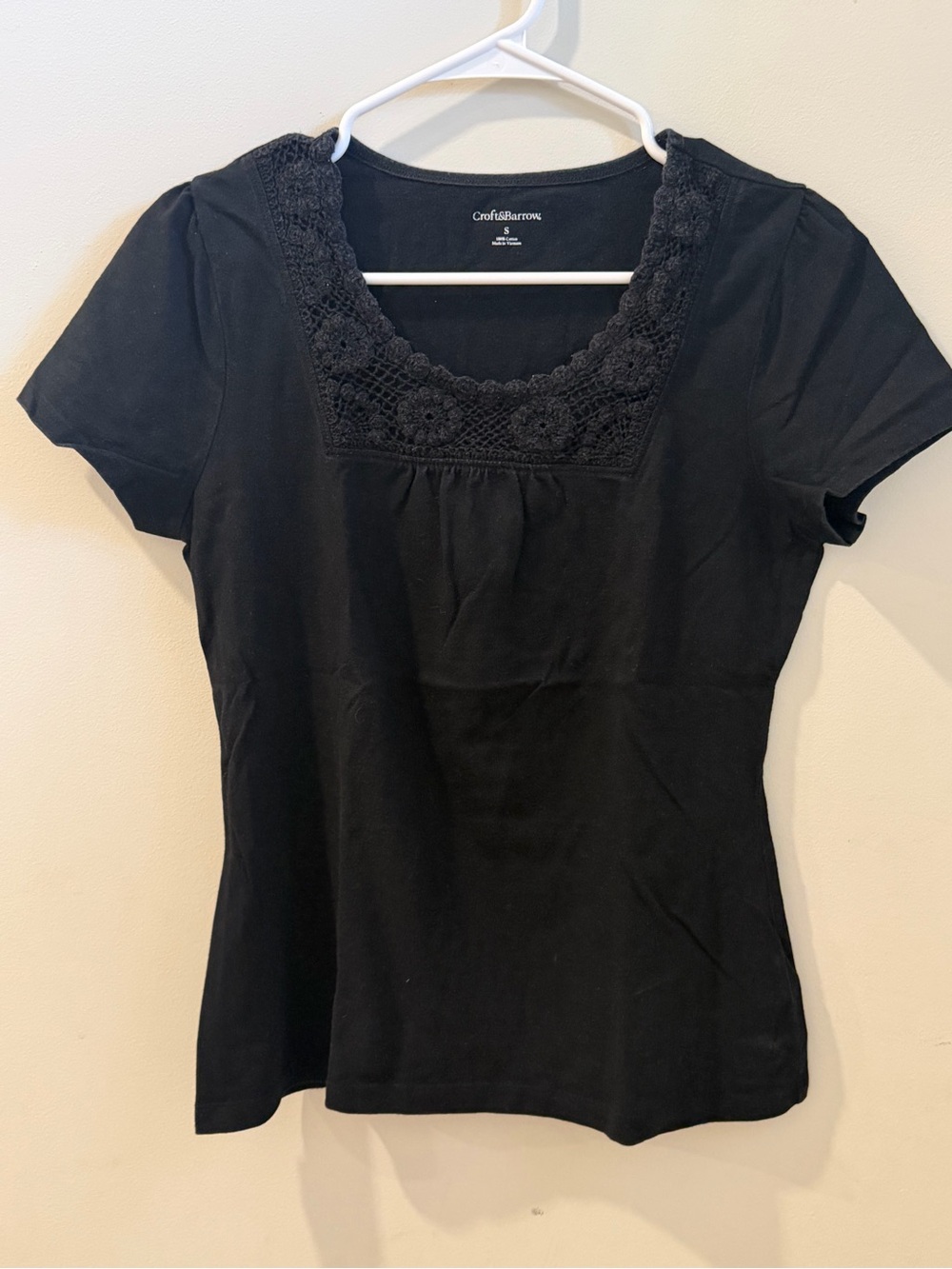 croft & barrow Black Crochet-Trim Square Neck Short Sleeve Tee